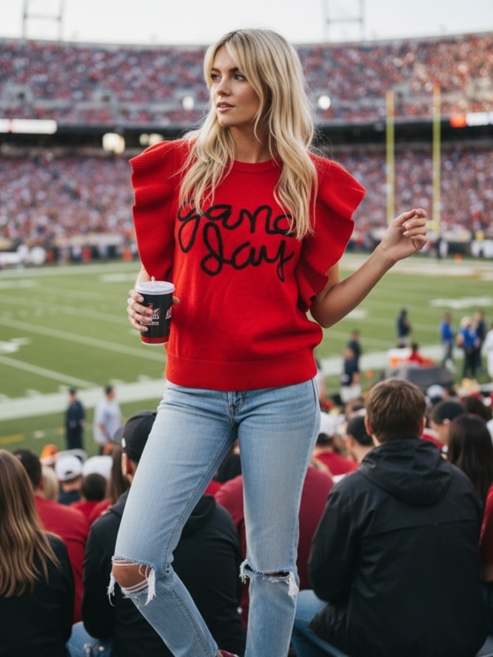 057. Red/black GAME DAY embroidered ruffle knit sweater